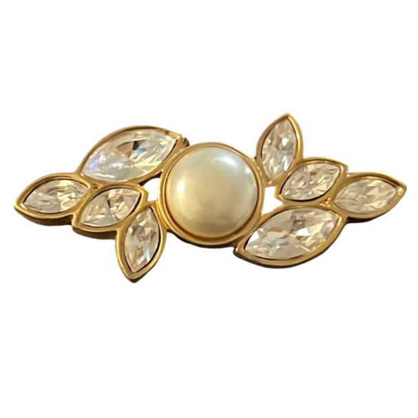 Vintage 90s Gold Plated Pearl & Swarovski Crystal Runway Brooch